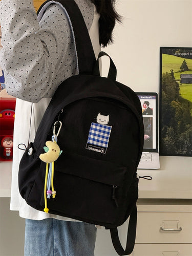 Cat-Embroidered Compact School Backpack