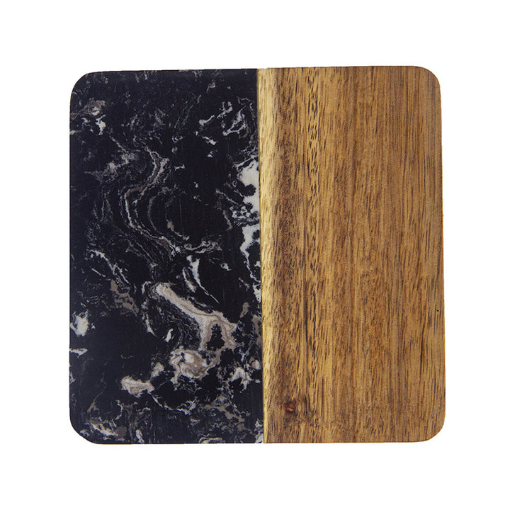 Marble pattern and acacia wood serving coaster board with rounded corners Bowlift