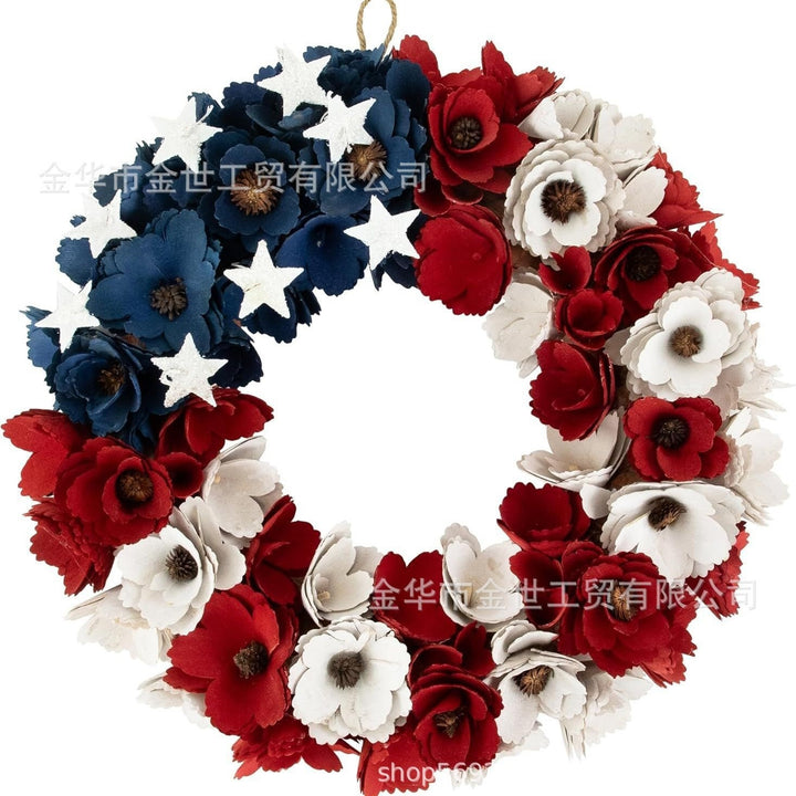 Independence Day rustic round wooden patriotic cross wall plaque with floral accents and God Bless America banner Bowlift