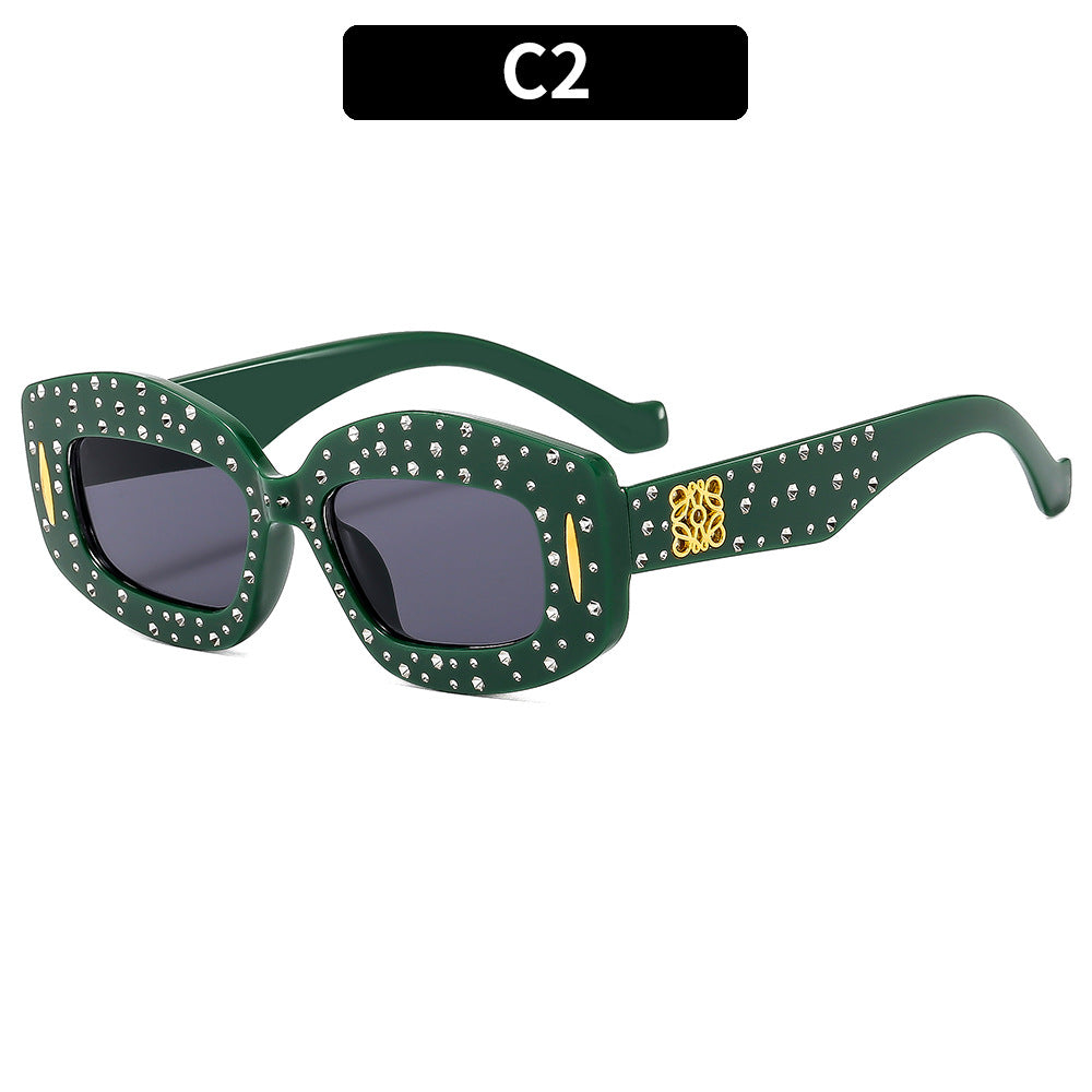 Vintage-Inspired Rhinestone-Embellished Rectangle Sunglasses