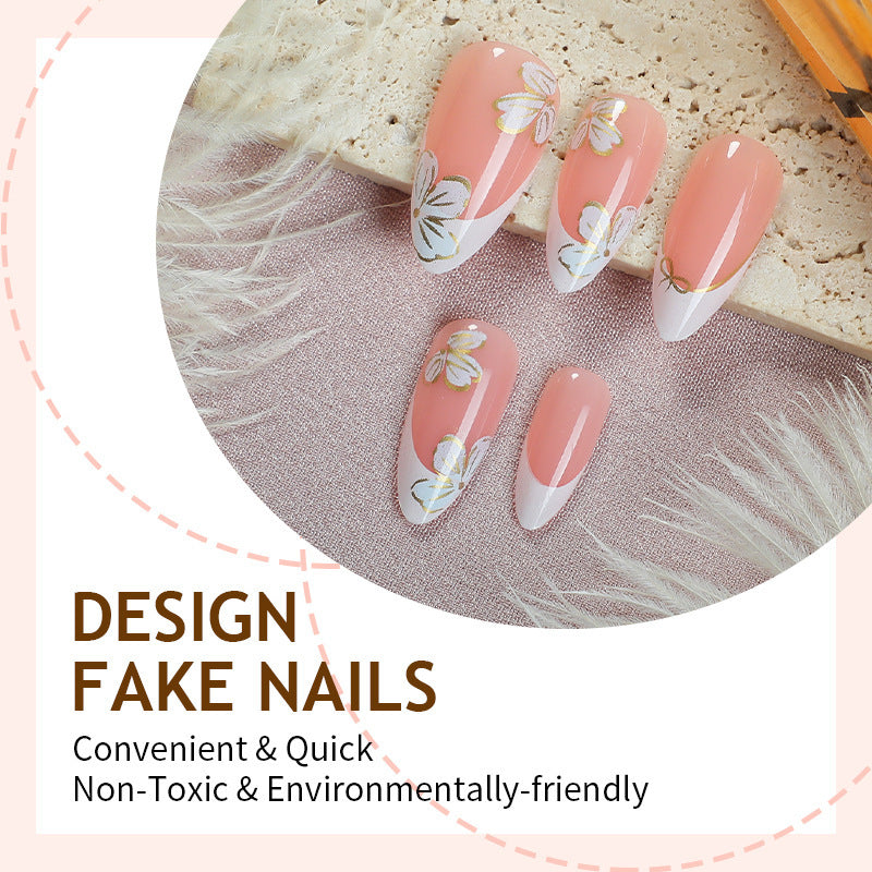Artificial nail set with elegant flower and French tip design Bowlift