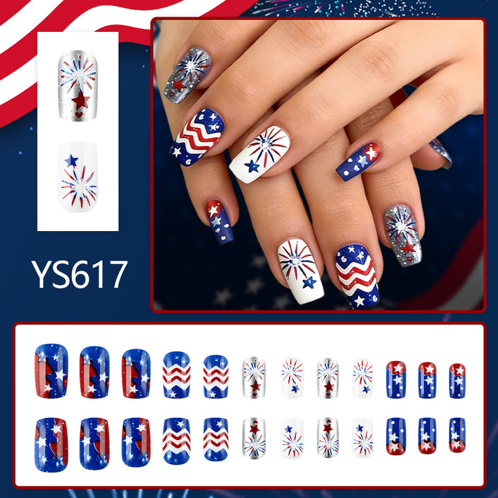 Women's nan patriotic acrylic press on nails set with coffin shape and firework star decals Bowlift