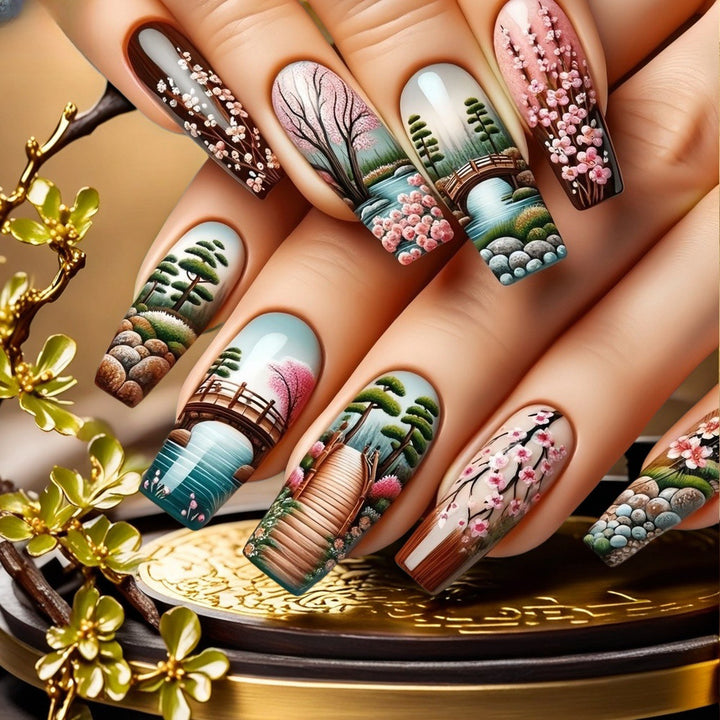 Creative artificial nails in Asian Cherry Blossom Design Bowlift