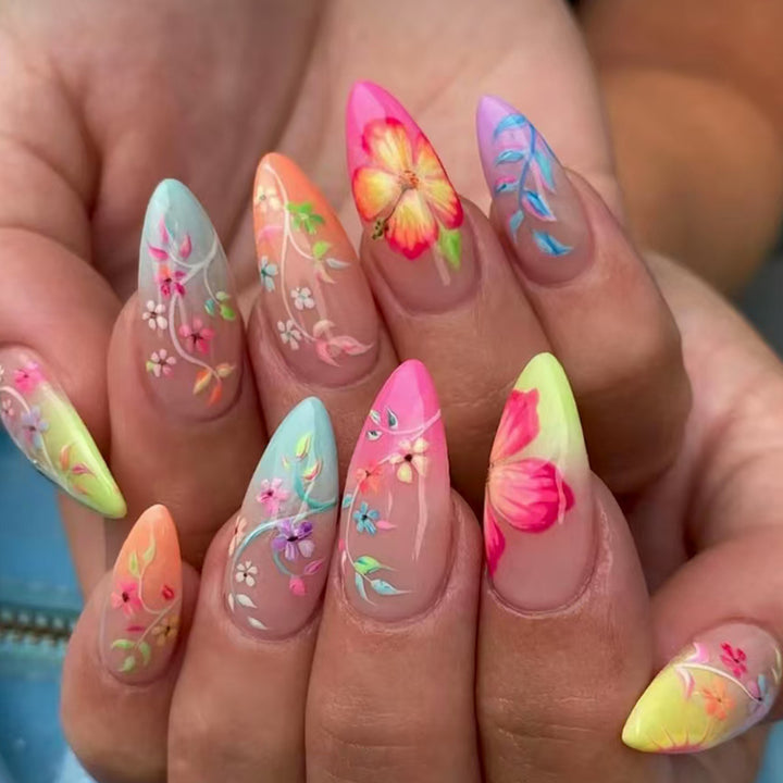 Artifical nail set with floral design and colorful variety Bowlift
