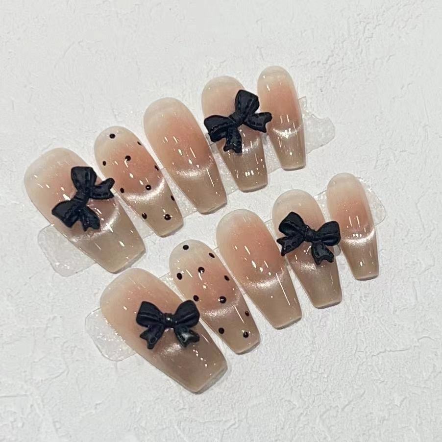 Stylish Long Press-On Nail Set with Bow Accents Bowlift