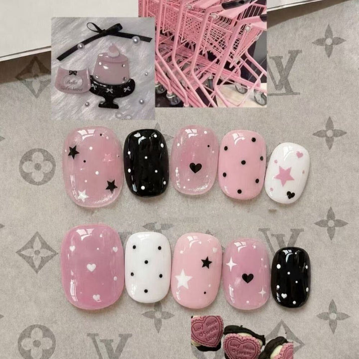 Elegant Press-On Nail Art Set with Bow and Dots Bowlift