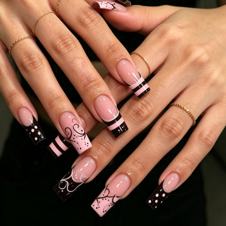 Artistic Long Square Press-On Nails with Whimsical Patterns Bowlift