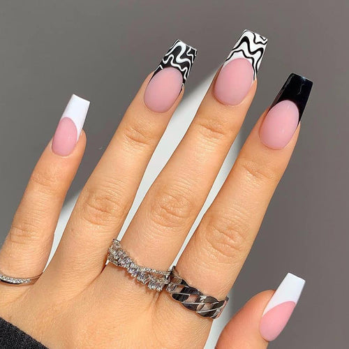 Artful Nail Extensions with Modern Monochrome Design Bowlift