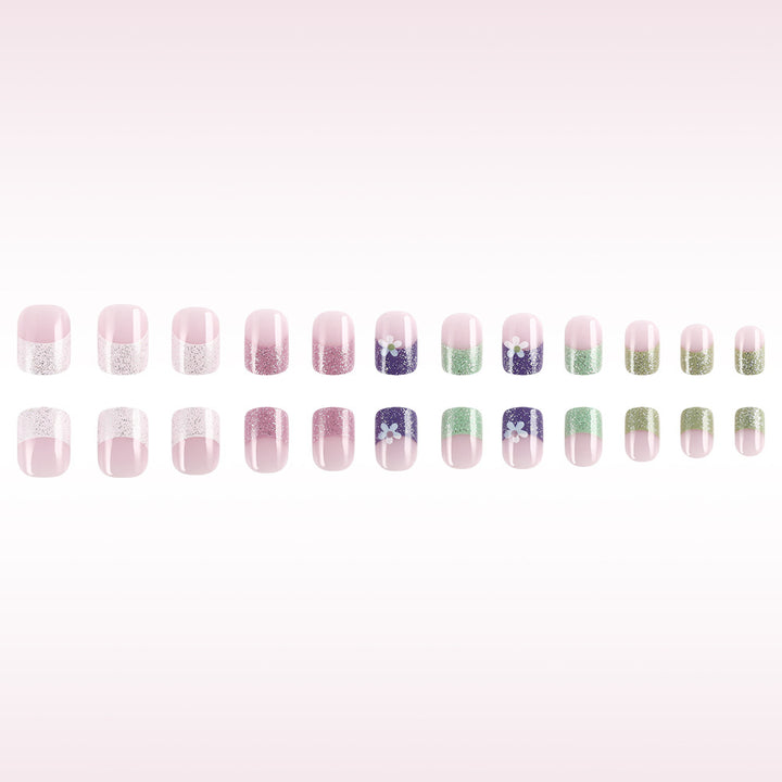 Glittery Pastel Floral Press-On Nails Bowlift