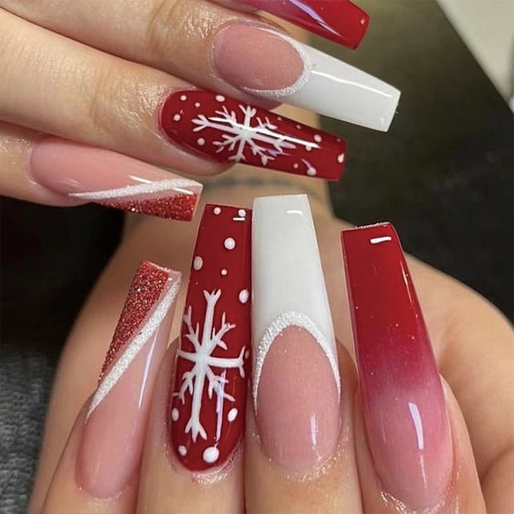 Artful Christmas nail extensions with elegant glitter and snowflake design Bowlift
