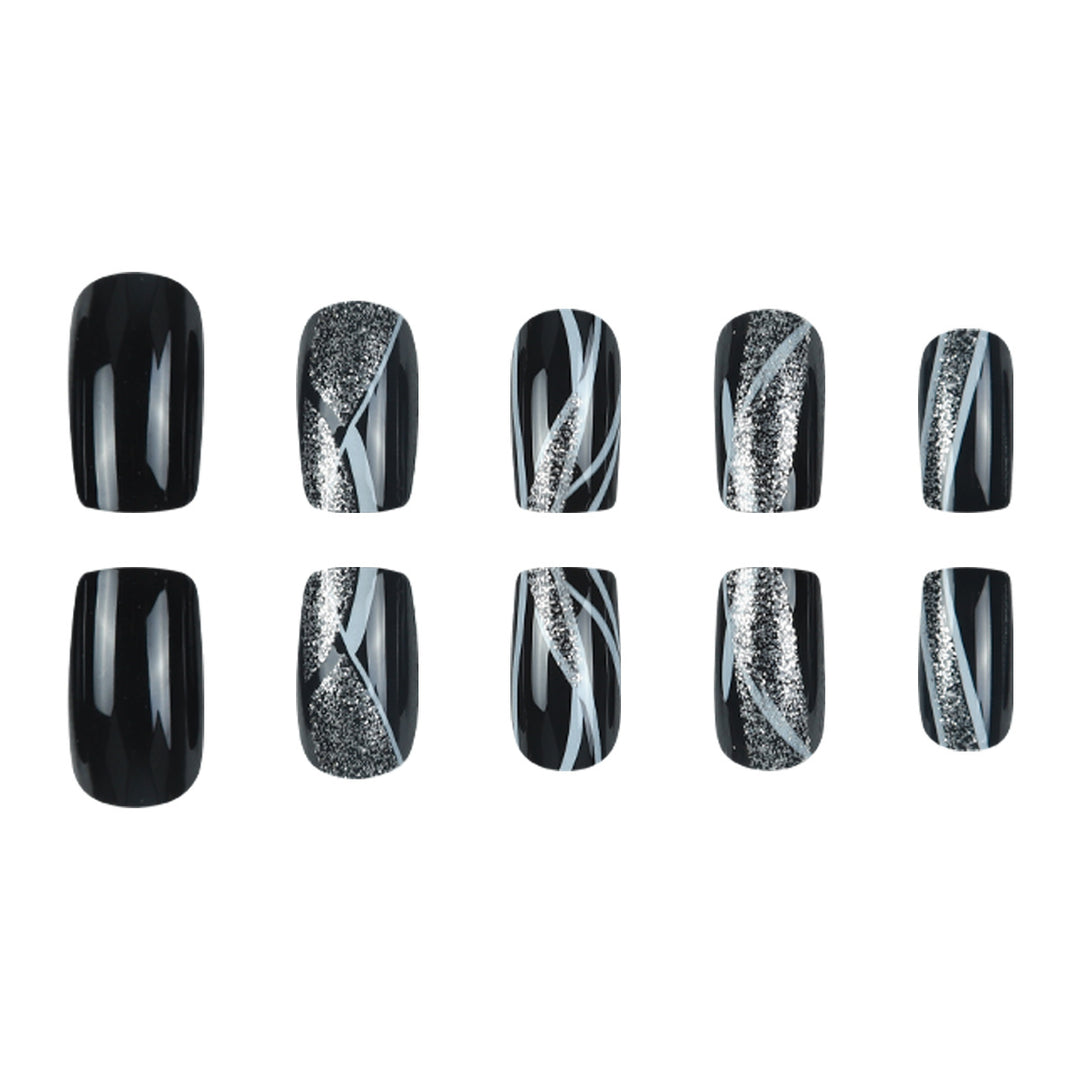 Stylish Press-On Nail Art with Glitter and Geometric Design Bowlift