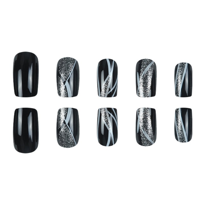 Stylish Press-On Nail Art with Glitter and Geometric Design Bowlift