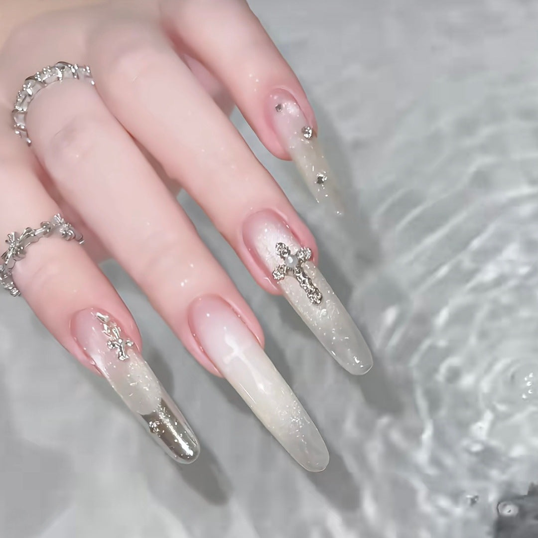 Elegant Decorative Press-On Nail Set with Rhinestone Cross Accents Bowlift