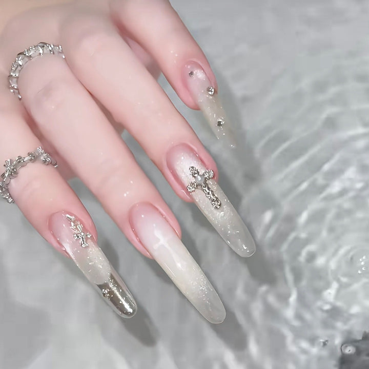 Elegant Decorative Press-On Nail Set with Rhinestone Cross Accents Bowlift