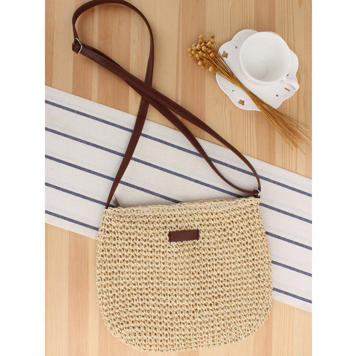 Woven Natural Material Shoulder Bag with Removable Leather Strap Bowlift