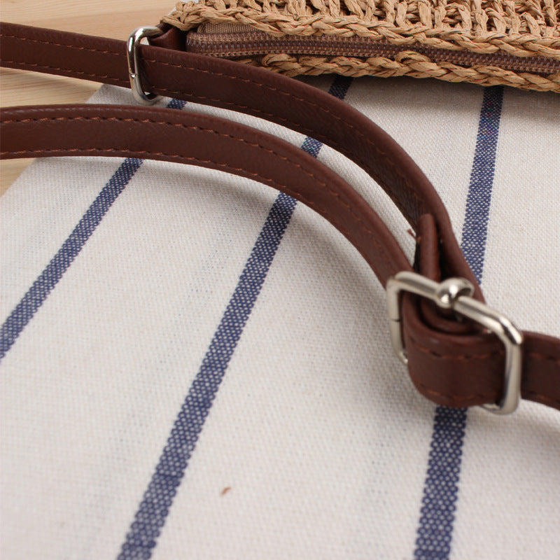 Woven Natural Material Shoulder Bag with Removable Leather Strap Bowlift