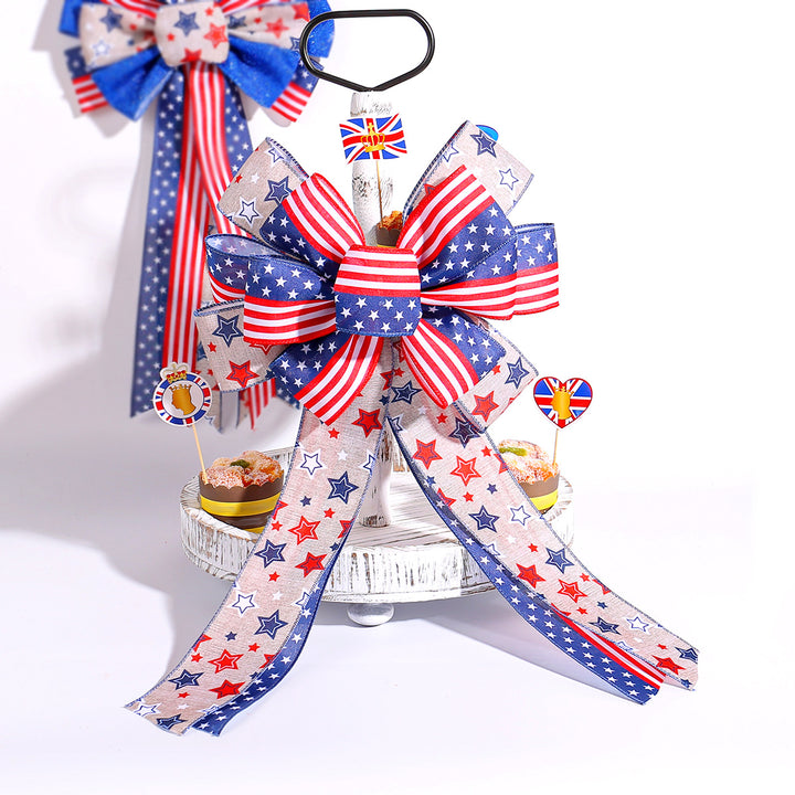 Unisex nan patriotic USA star and stripe ribbon bow set with wired tails and clip attachment Bowlift