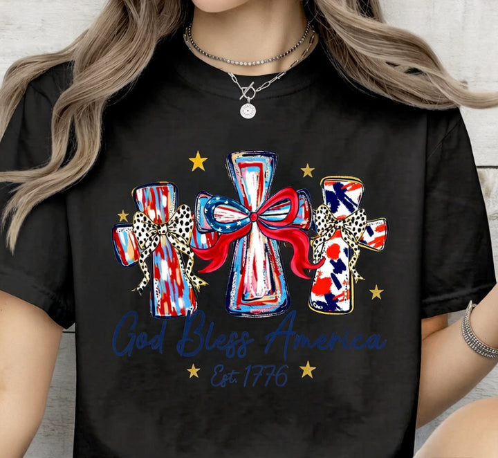 Women's nan patriotic graphic cotton tee with cross ribbon print Bowlift