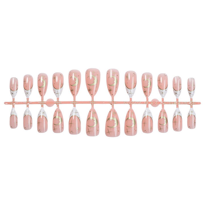 Artistic Press-On Nail Set with Geometric Moon and Star Designs Bowlift