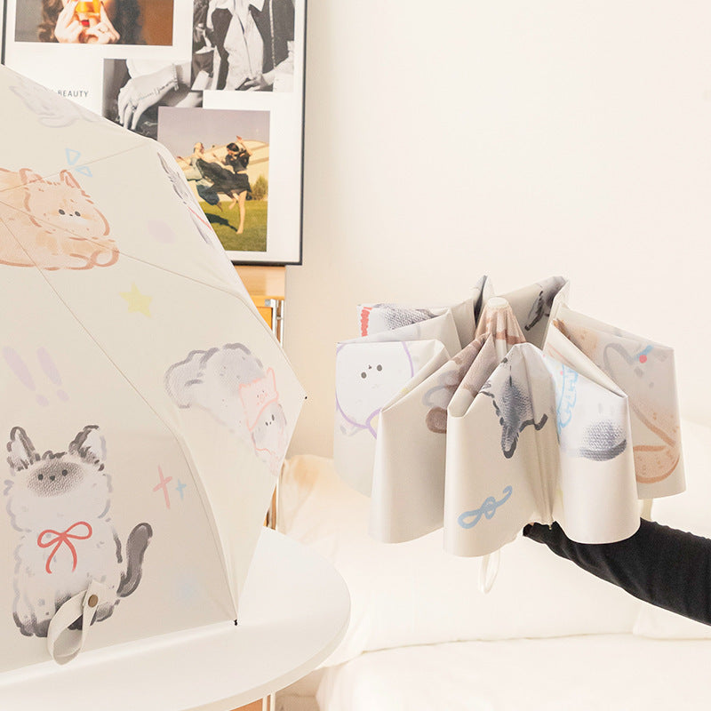 Women Folding Umbrella with Lovely Animal Illustrations Bowlift