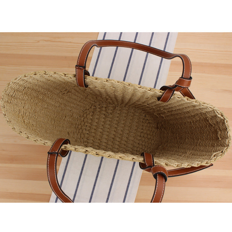 Woven Natural Material Handbag with Elegant Leather Handles Bowlift