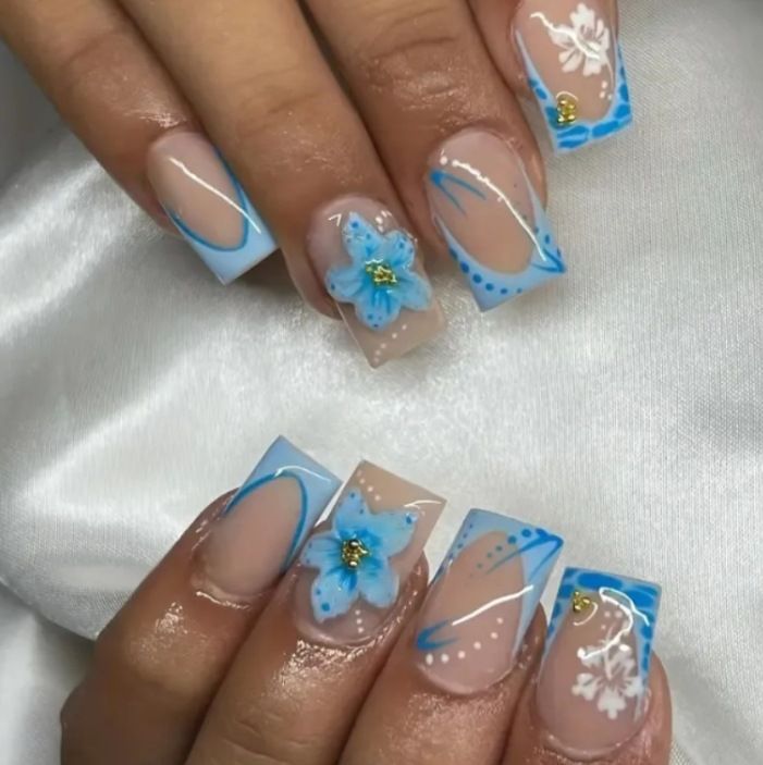 Acrylic nail set with exquisite floral and glitter accents Bowlift