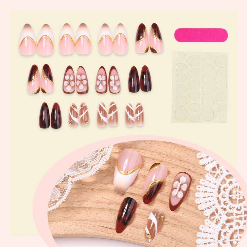 Decorative Press-On Nail Art Set with Floral and Gold Accents Bowlift