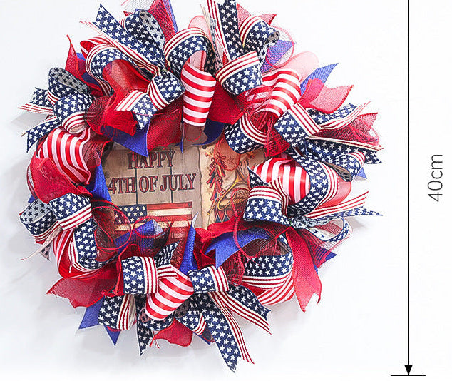 Unisex nan patriotic Americana fabric and wood door wreath with ribbon bows Bowlift