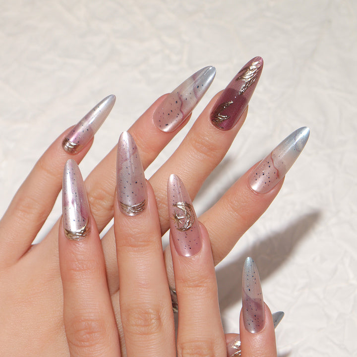 Elegant Stiletto Press-On Nail Set with Metallic Accents Bowlift
