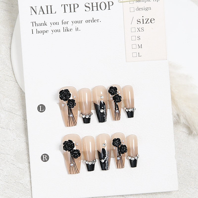 Artificial nail set with glamorous 3D rose details and elegant glitter accents Bowlift