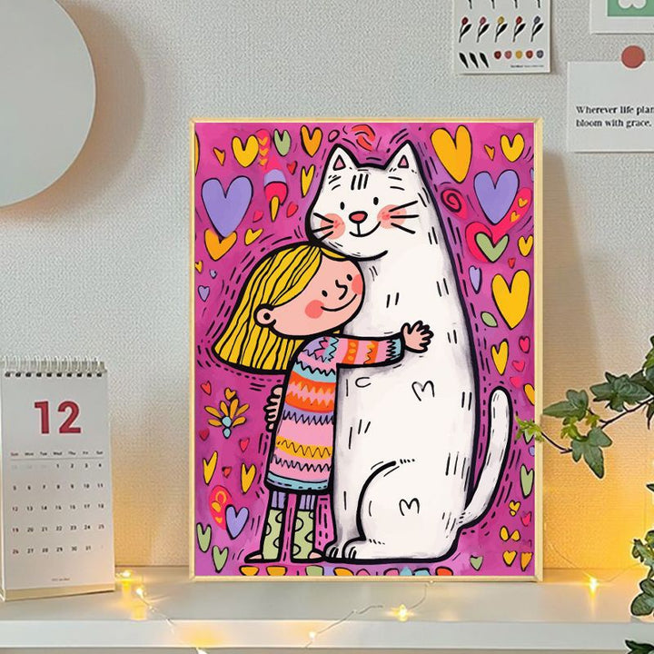 Playful Cat and Girl Illustration Canvas Art Bowlift