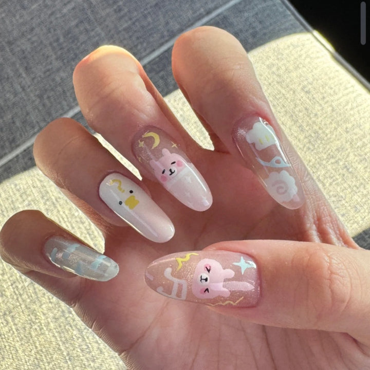 Artistic Press-On Nail Art Set with Floral and Gemstone Accents Bowlift