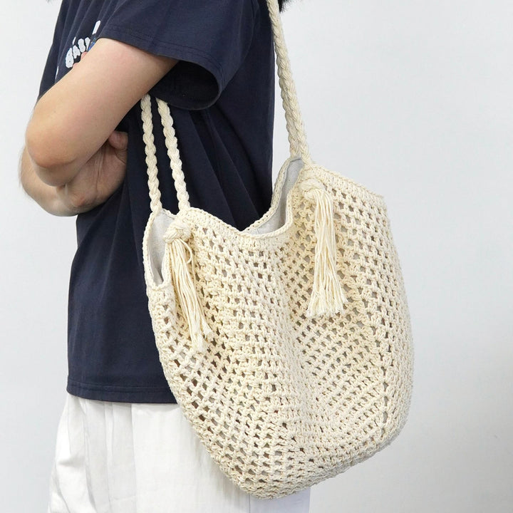 Macrame Beach Bag with Fringe Details Bowlift