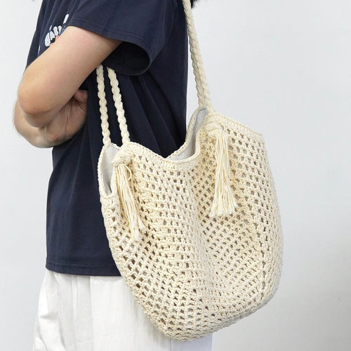 Macrame Beach Bag with Fringe Details Bowlift