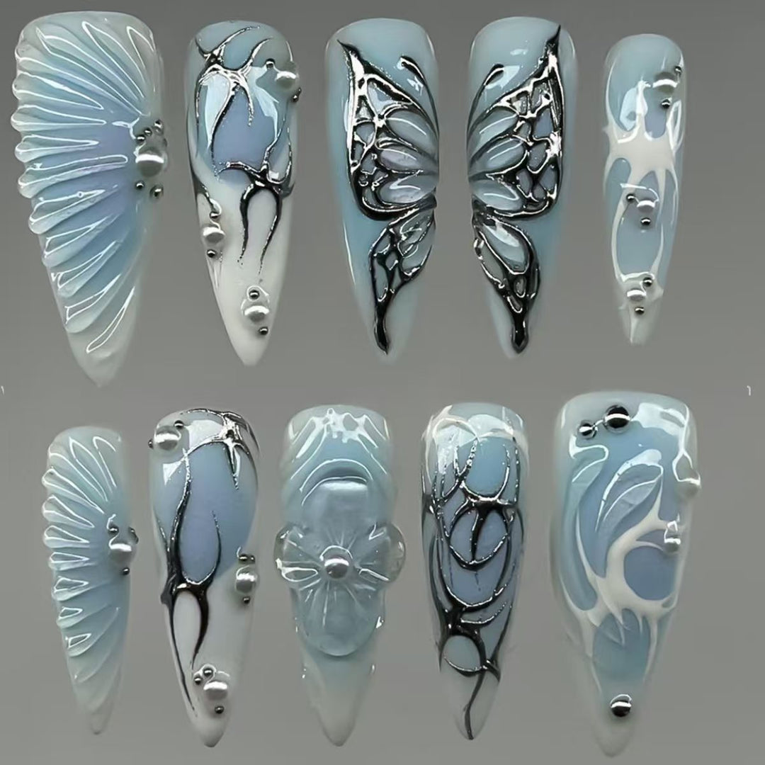 Artistic Floral and Metallic Press-On Nails Bowlift