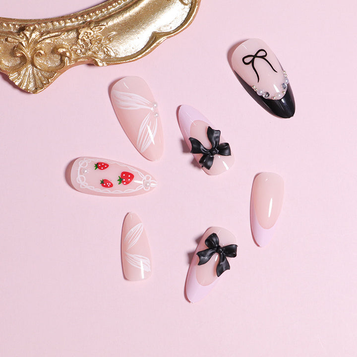 Artistic Press-On Nail Set with Bow and Berry Design Bowlift