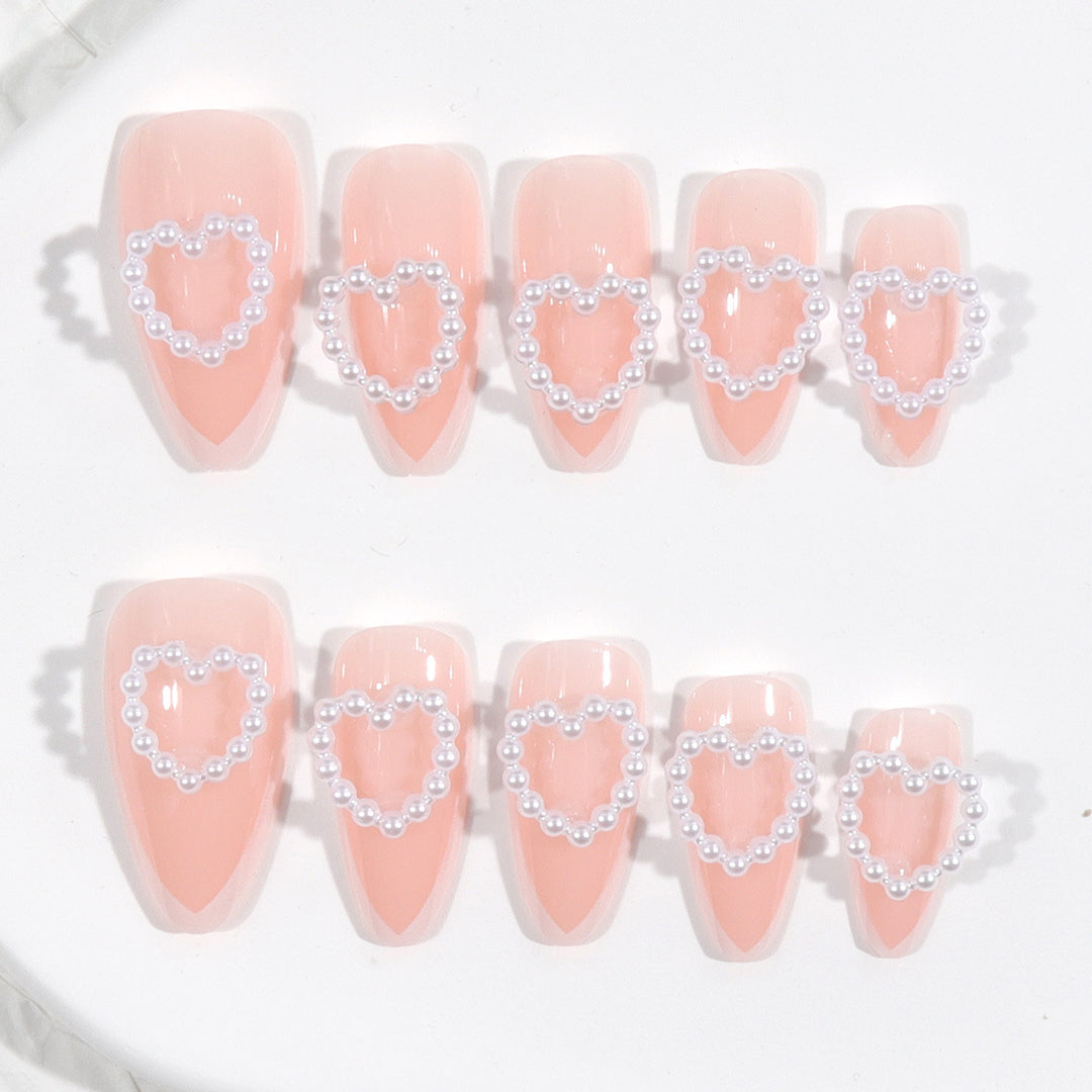Heart-Design Press-On Nails with Pearl Accents Bowlift