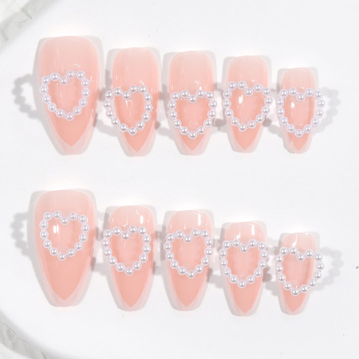 Heart-Design Press-On Nails with Pearl Accents Bowlift