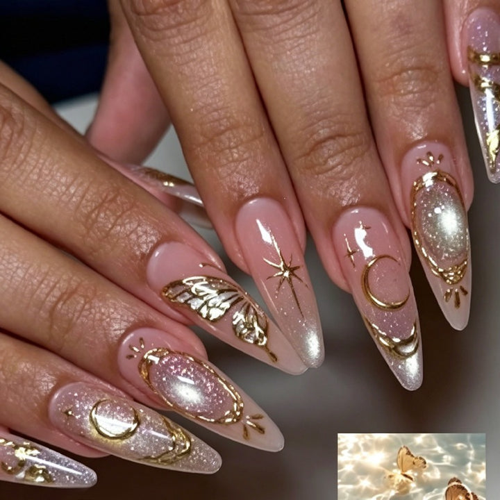 Acrylic nail set with elegant glitter and flower appliqués Bowlift