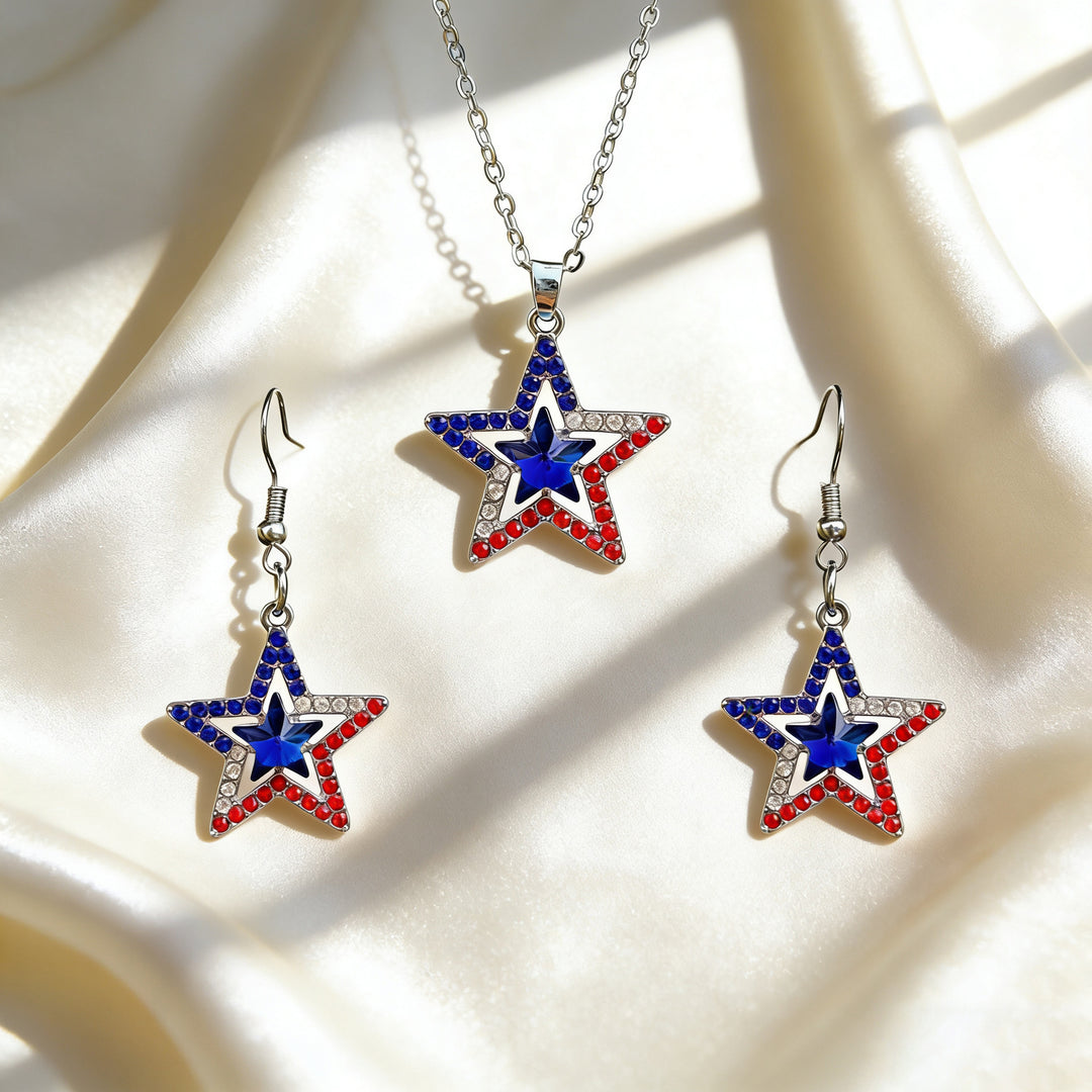 Women's patriotic jewelry set flip-flop pendant necklace and earrings with enamel and crystal embellishment Bowlift