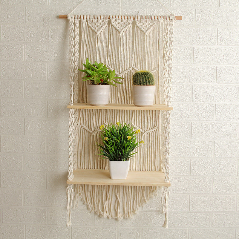 Decorative Wall-Mounted Macrame Shelf with Natural Wooden Accents Bowlift