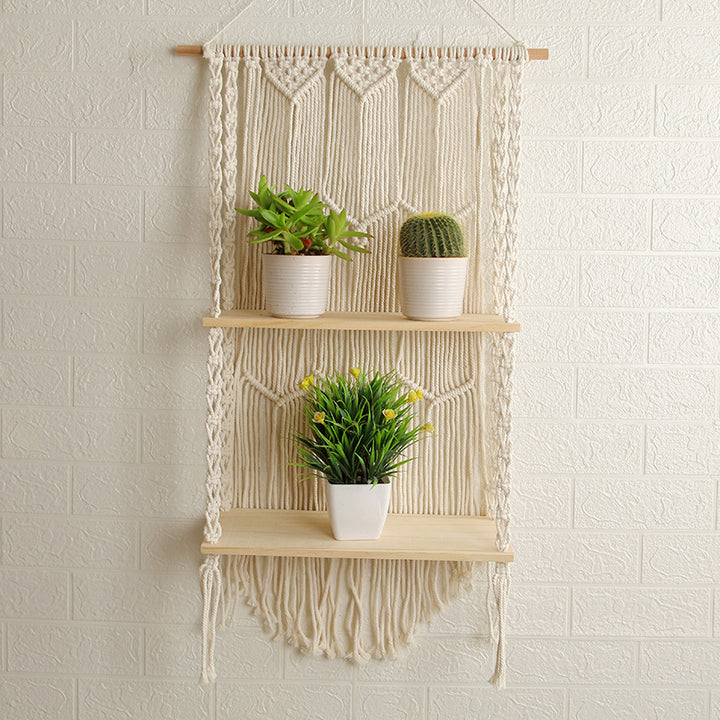 Decorative Wall-Mounted Macrame Shelf with Natural Wooden Accents Bowlift