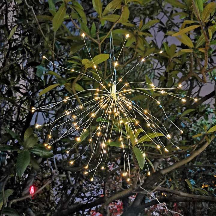 Solar-Powered Starburst Hanging LED Garden Lights With Waterproof Firework-Shaped Clusters And Automatic Dusk-To-Dawn Sensor Bowlift