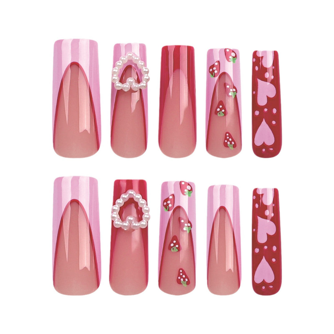 Artistic Nail Extensions with Heart and Strawberry Design Bowlift