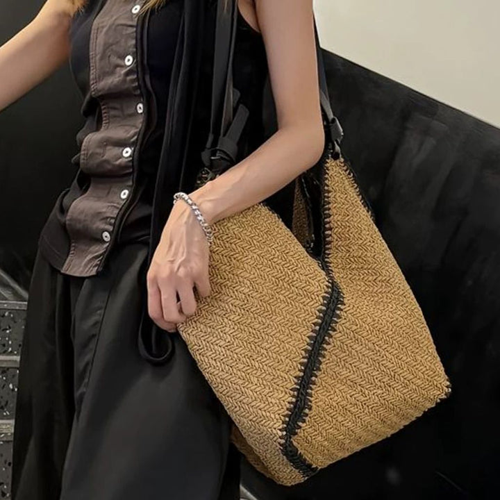 Braided Natural Material Handbag with Black Drawstring Bowlift