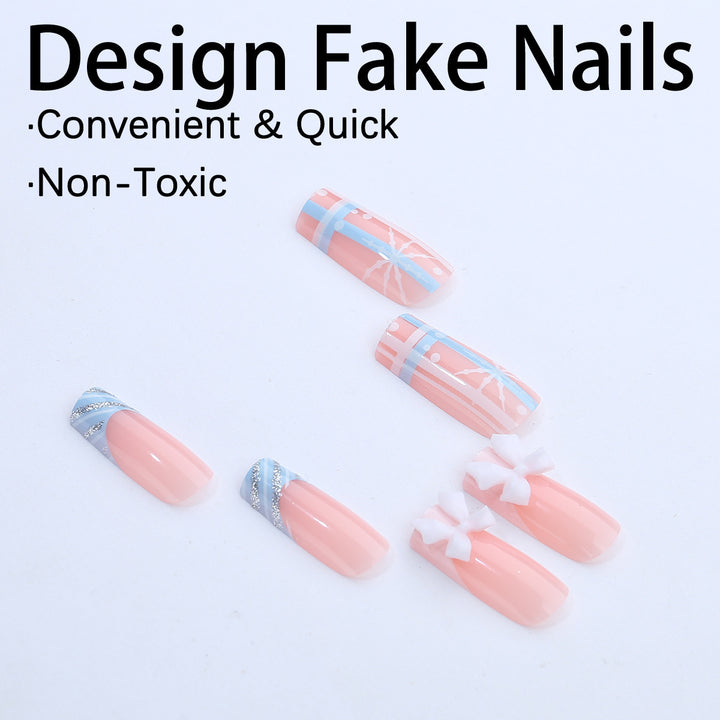Artificial nail set with winter snowflake and bow motifs Bowlift
