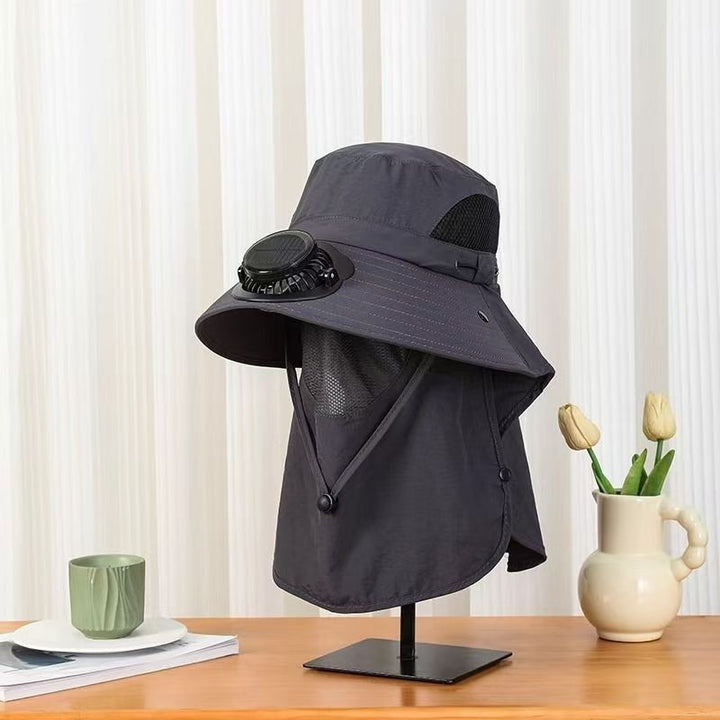 UV-Protect-Sun Hat with removable face and neck protection, integrated solar fan and breathable mesh Bowlift