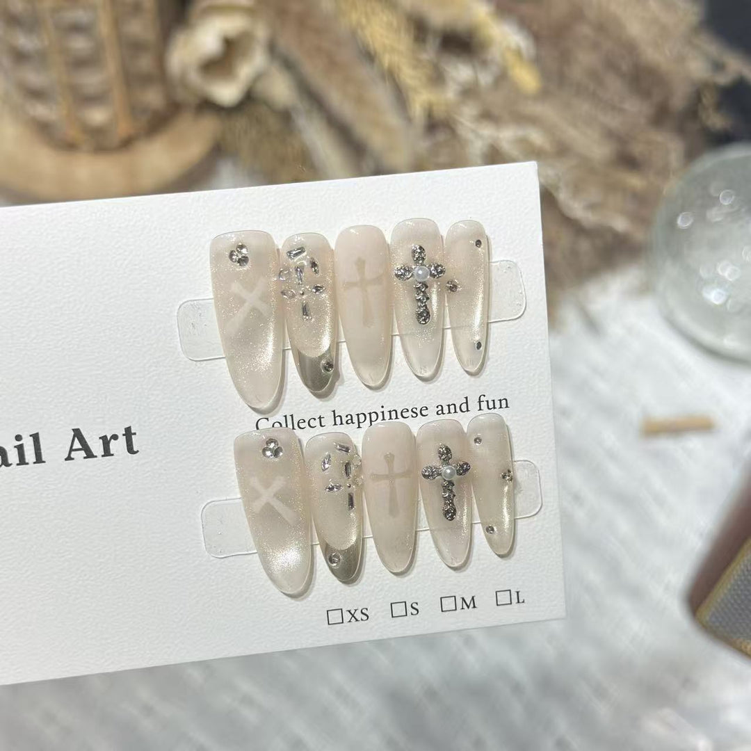 Elegant Decorative Press-On Nail Set with Rhinestone Cross Accents Bowlift