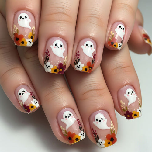 Artificial nails with ghost motif and flower accents Bowlift
