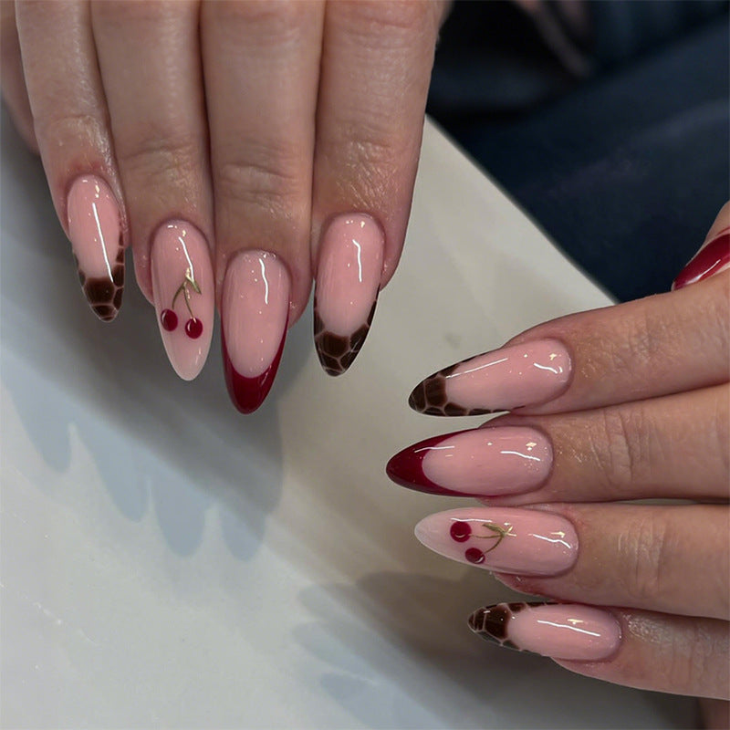 Artificial nail set with fruity cherry design and elegant gradient color Bowlift
